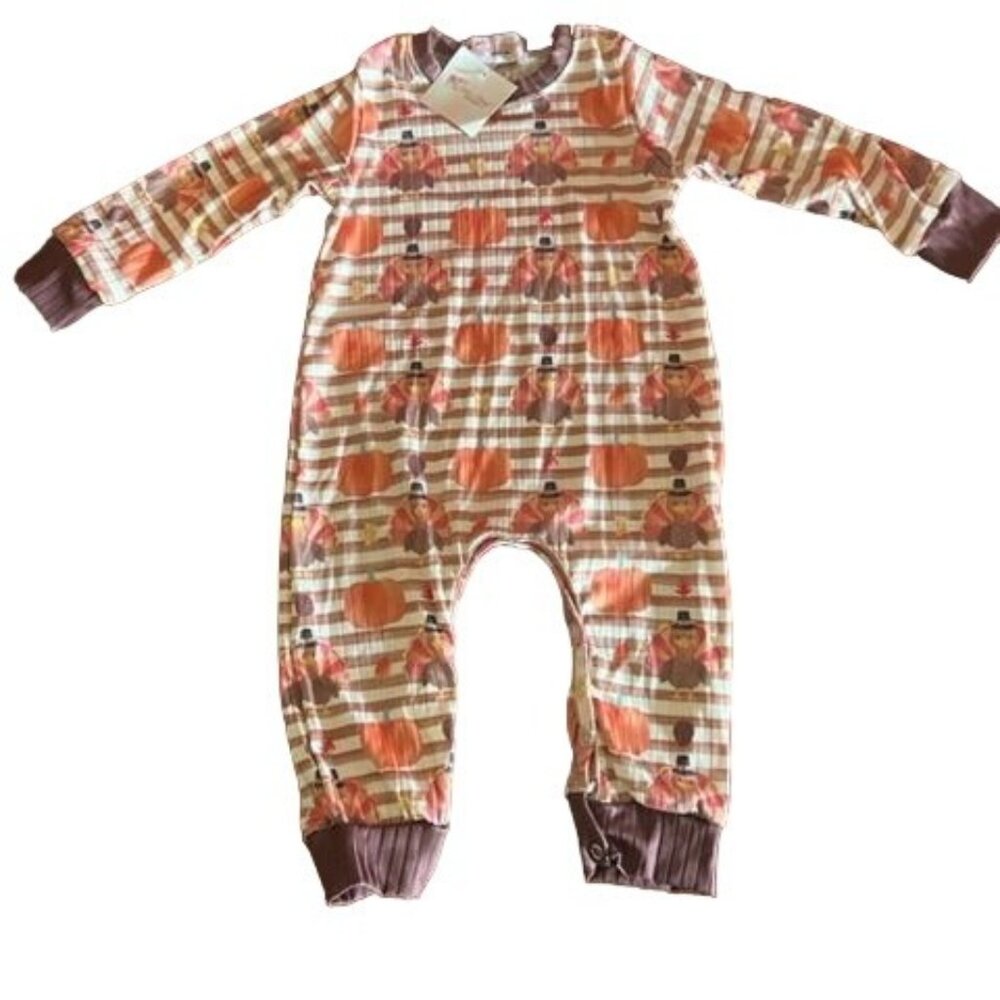 Clover Cottage Baby Thanksgiving Romper‎ Festive turkey & pumpkin print